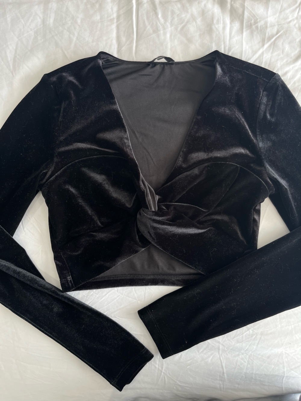 Black Velvet Knot-Front Long Sleeve Top